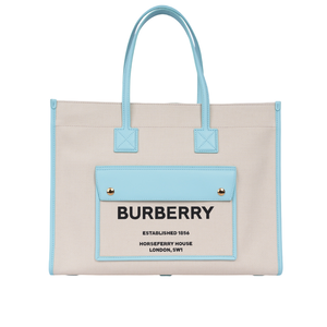 BURBERRY Freya 棉質帆布中款托特包/自然色/天藍色
