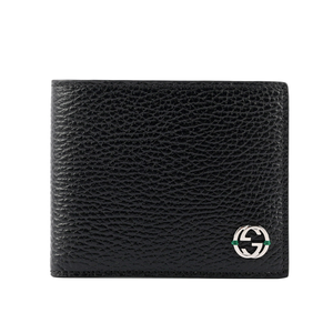 GUCCI 金屬縫線雙G Logo牛皮雙色6卡短夾/黑色/綠色