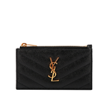 YSL 山形紋荔枝皮金字Logo拉鍊卡片/零錢夾/黑色, , large