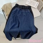 大尺碼-鬆緊褲頭 高腰 寬腿 牛仔褲-32深藍-0103091, , large