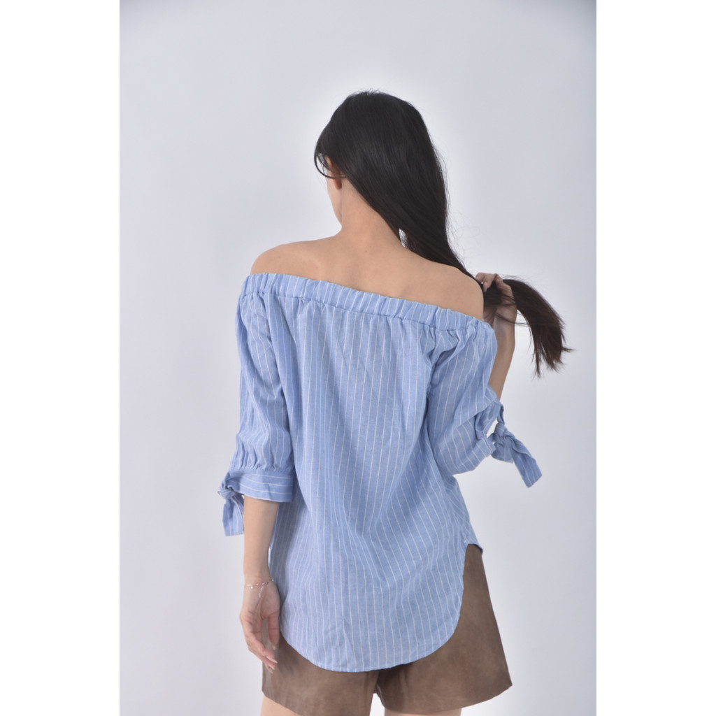 (M) bravo一字領藍色上衣二手衣, , large