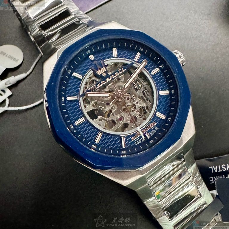 [星晴錶業]MASERATI手錶,46mm,R8823142004寶藍色雙面機械鏤空錶面寶藍錶殼銀色精鋼錶帶款, , large
