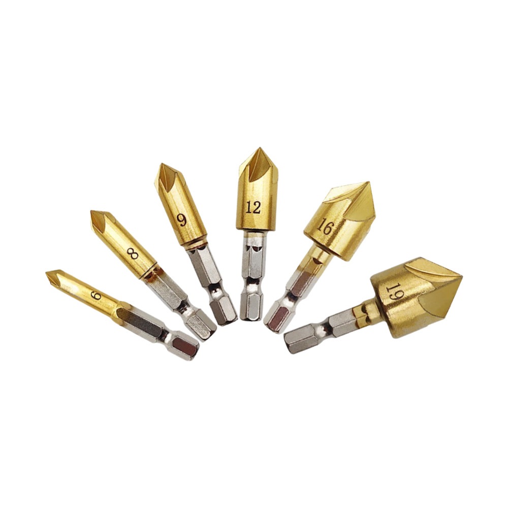Hexagonal handle, titanium-plated, five-blade chamfering tool, , large