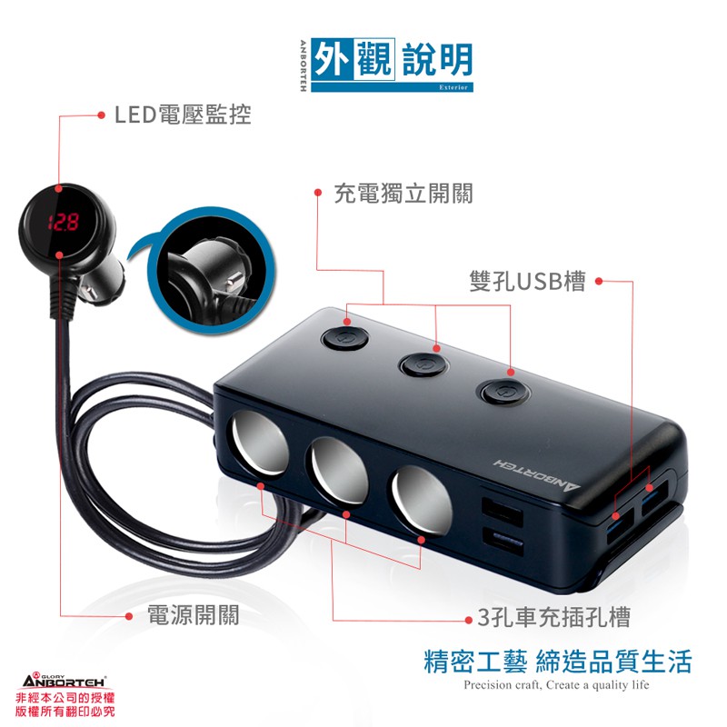 【安伯特】酷電大師 智能電壓監控QC3.0 7孔車充 3孔+4USB (國家認證 一年保固)R37531, , large