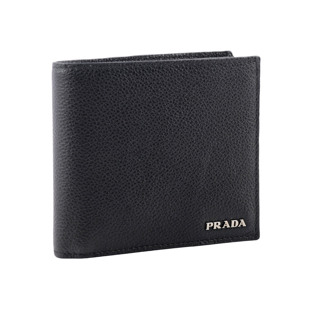 PRADA 銀字Logo 粒紋皮革對開零錢袋短夾/黑色, , large
