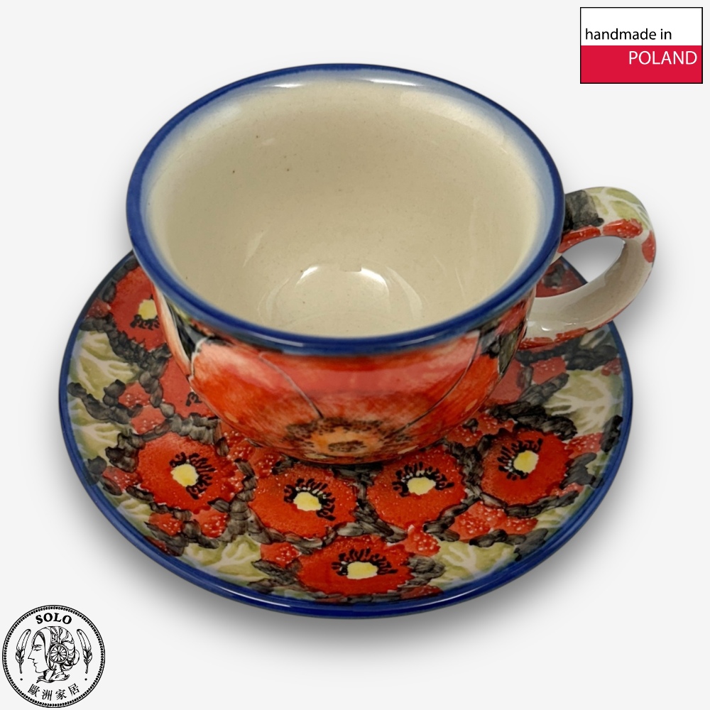 【SOLO Vintage】Cerraf Polish Pottery 200ml Coffee Cup + Saucer Set Crimson Sunset Floral Whisper Series Made in Poland, , large