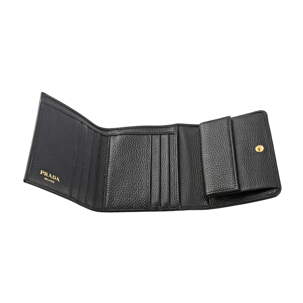 PRADA 浮雕Logo 荔枝皮革暗釦三折短夾/黑色, , large