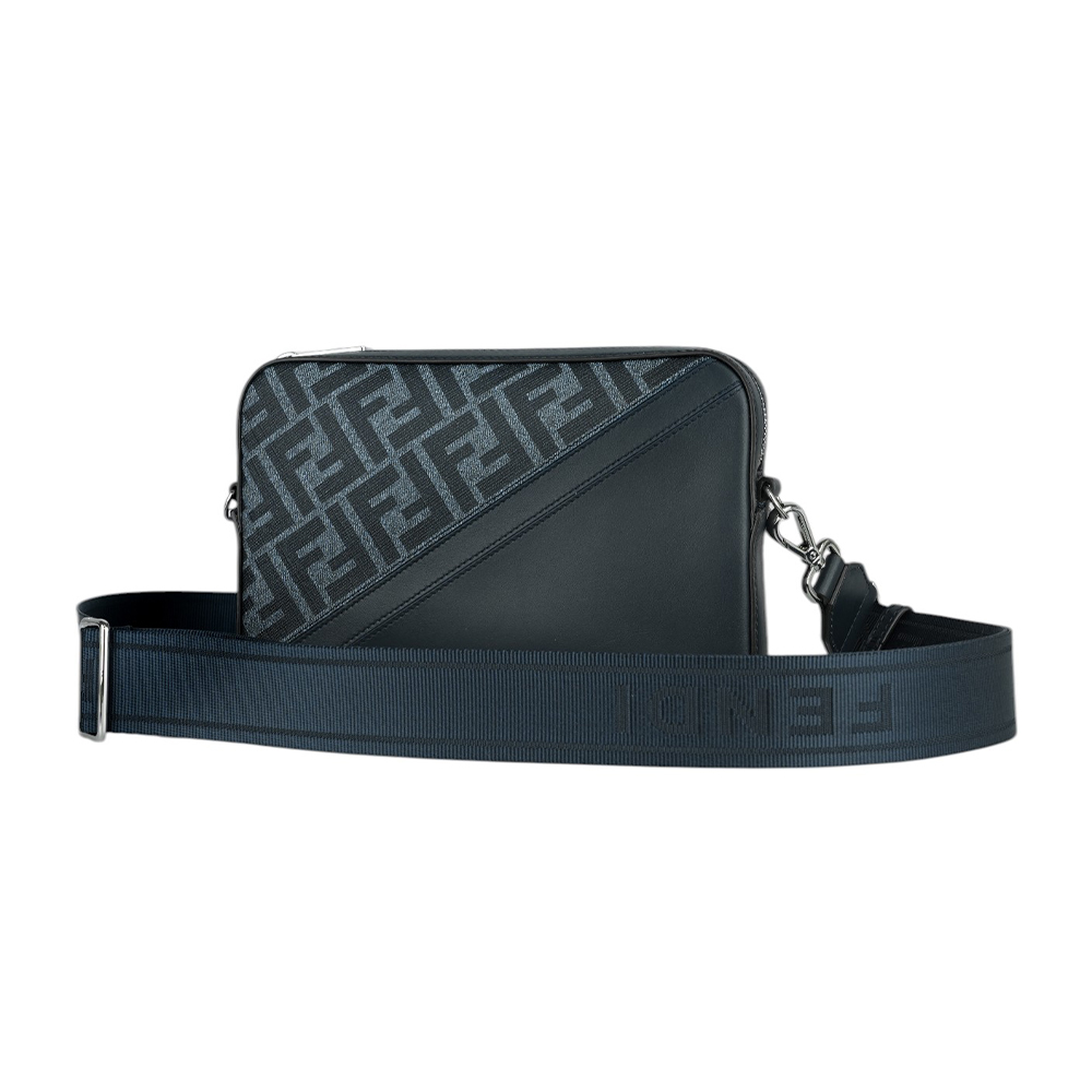 FENDI FF Logo 帆布拼牛皮相機斜背包/牛仔藍, , large