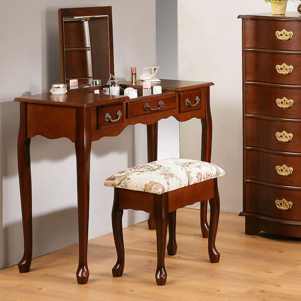 《C&B》加寬型英倫風掀鏡兩用化妝書桌椅組, , large
