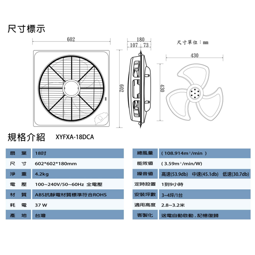 TECO 東元18吋輕鋼架/天花板 DC節能循環扇 XYFXA-18DCA, , large