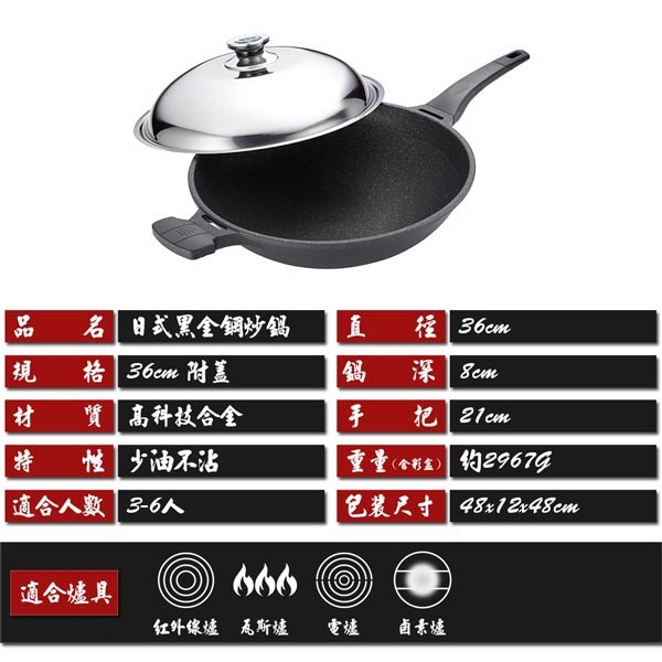 PERFECT 理想牌 日式黑金鋼炒鍋不沾炒鍋附蓋 附蓋40cm-Leidea樂德兒, , large