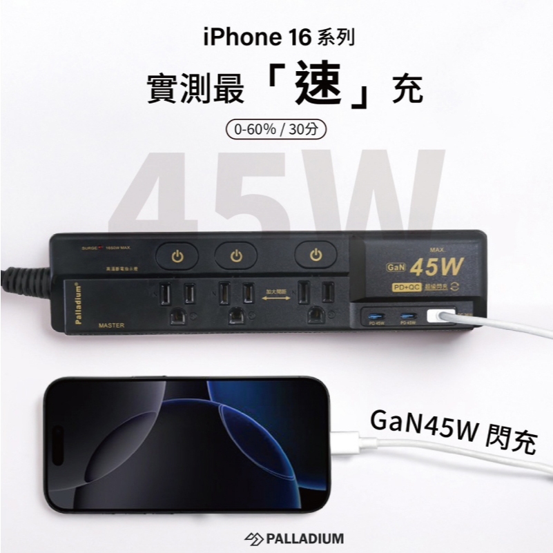 【Palladium】氮化鎵GaN 4開3插3P 45W 氮化鎵USB超級閃充延長線-限定黑 C-89P45AL, , large