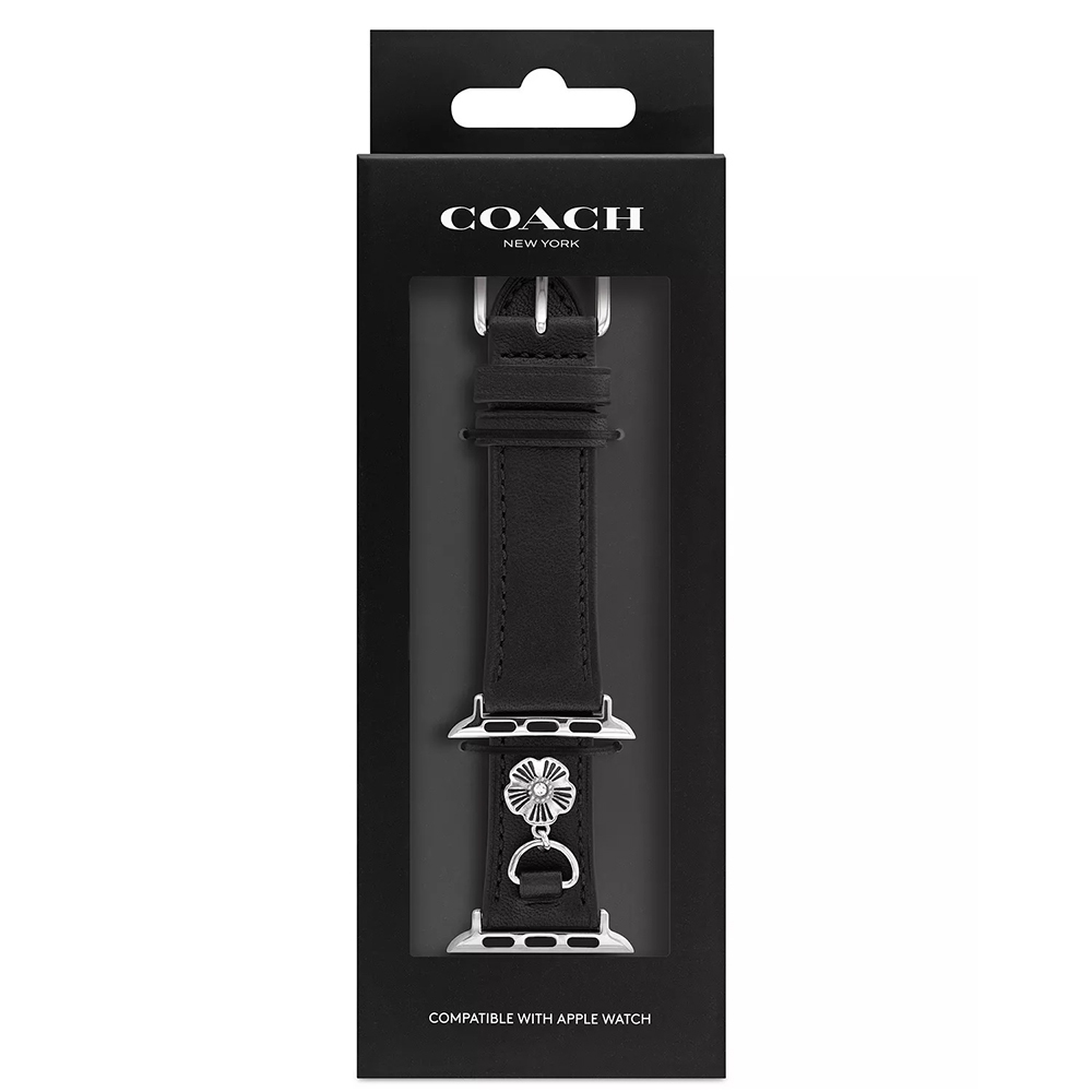 COACH Apple Watch 錶帶 38/40mm 適用 茶花吊飾皮錶帶 - 黑色(不含手錶), , large