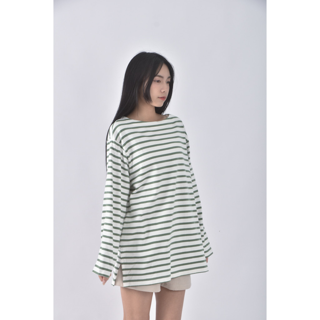(XL) muji棉質橫線條綠色長袖上衣二手衣, , large