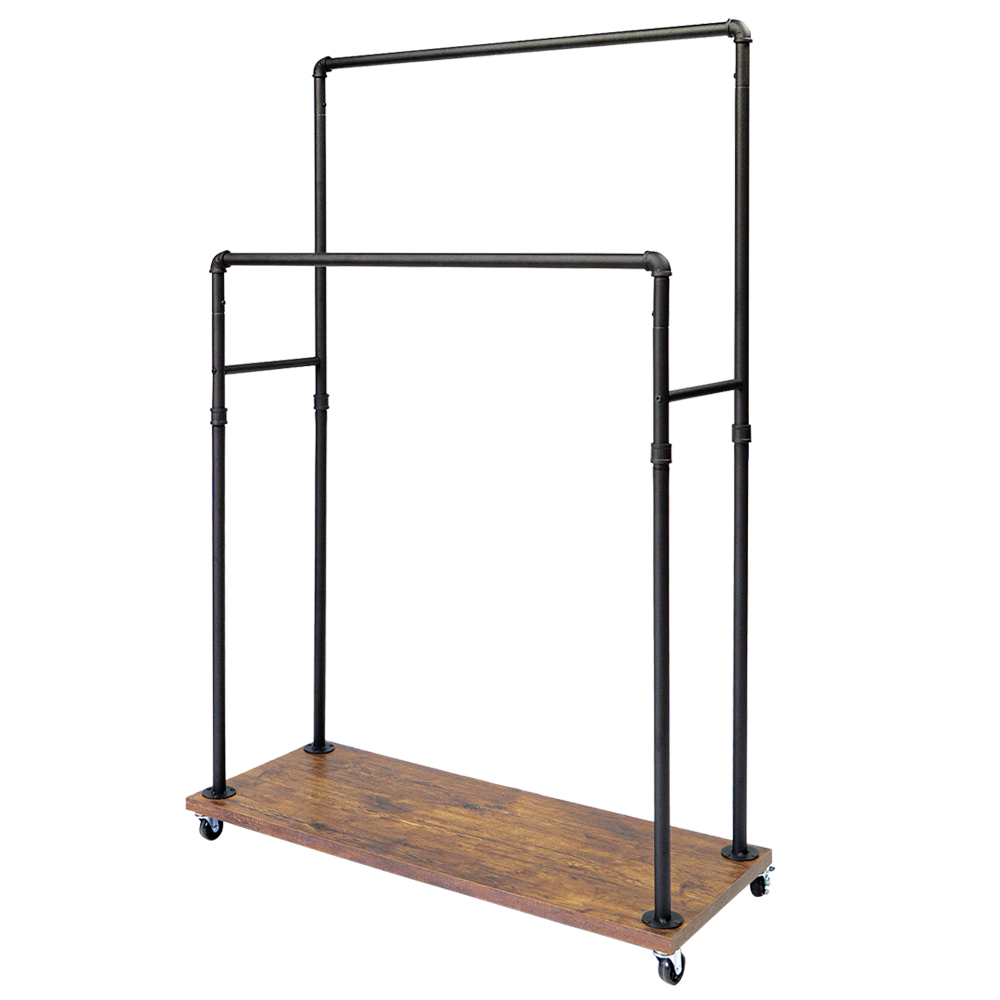 [拜爾家居] 工業風雙桿掛衣架 台灣製造 雙層衣架 工業風吊衣架 掛衣架 木質收納底板 衣物展示架 衣服曬衣架 陳列架 (免運), , large