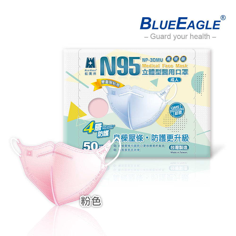 【Blue Eagle】N95 3D Adult Medical Face Mask (with Adjustable Nose-Clip) Blue 50 pack, , large