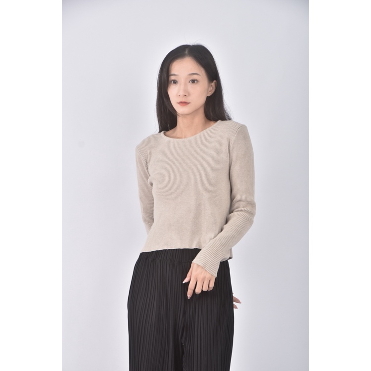 (S) 質感圓領杏色長袖上衣二手衣, , large