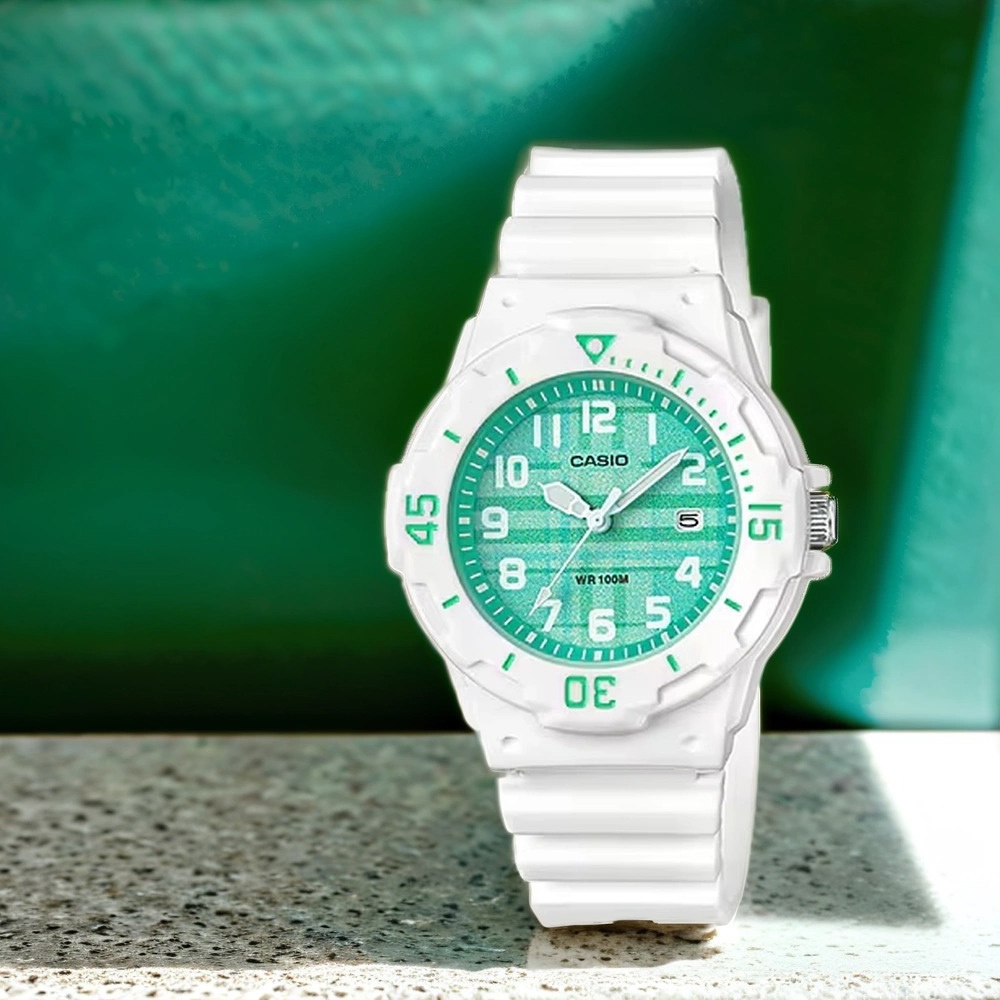 CASIO 卡西歐 格紋迷你女錶-綠x白 LRW-200H-3CV, , large
