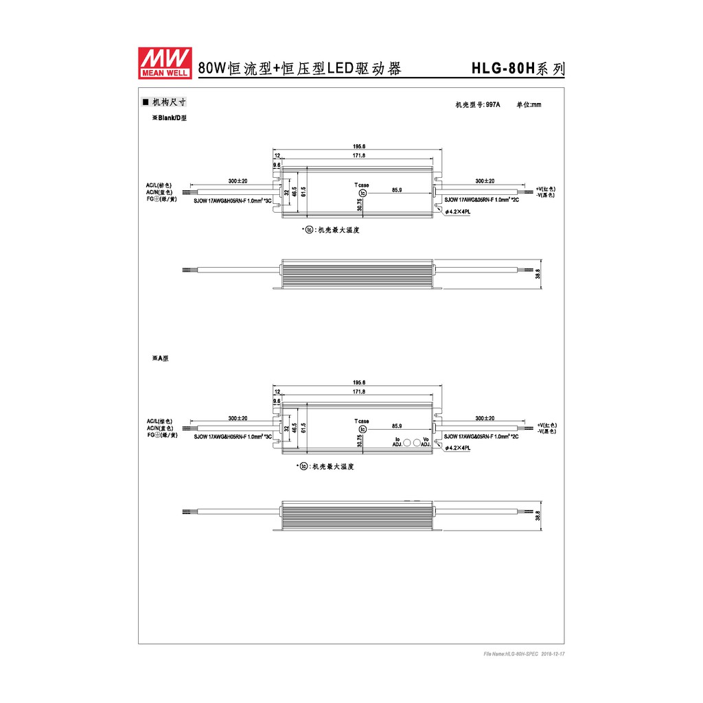 明緯 82.8W LED電源供應器(HLG-80H-36), , large