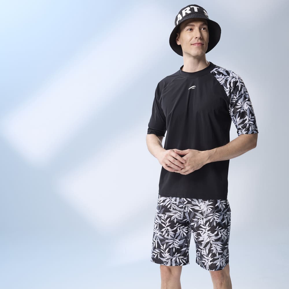 Monina Taiwan-made loose-fitting half-sleeve sun-proof functional top (suitable for both men and women) unisex style bamboo leaf black -3L