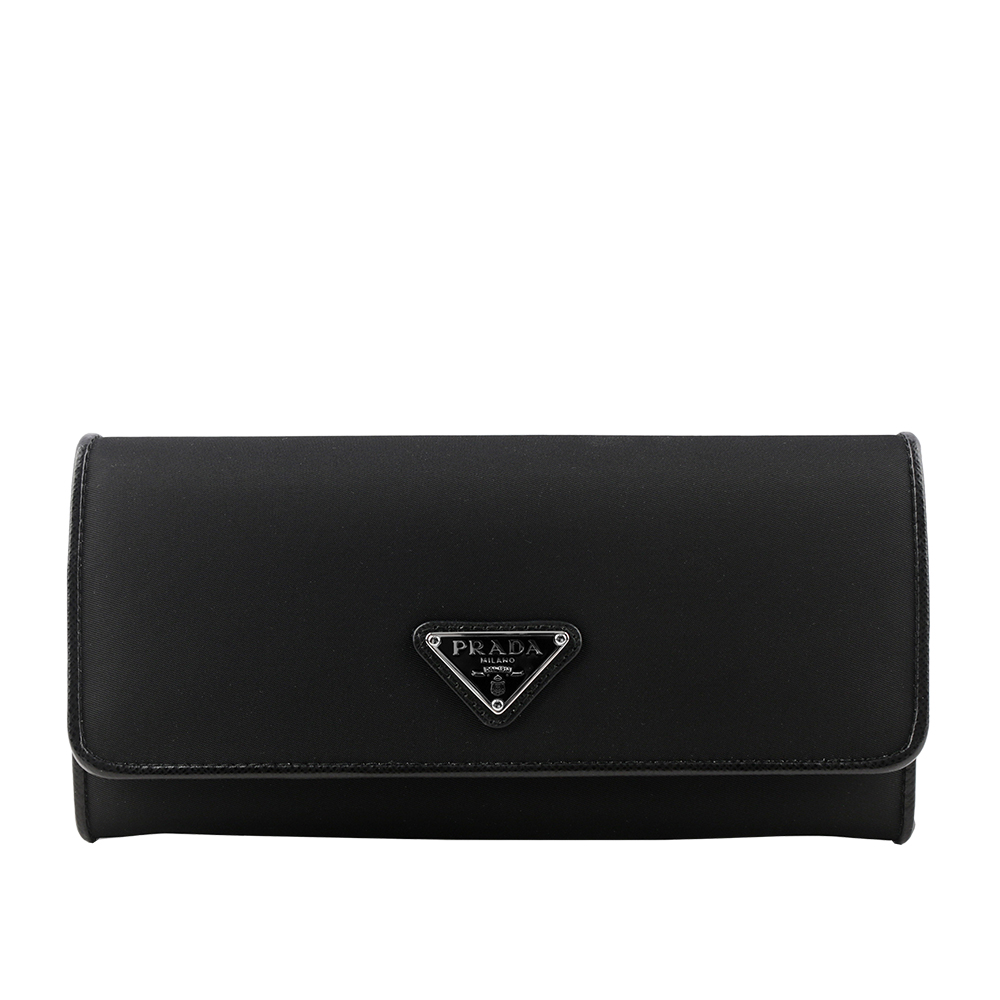 PRADA 銀字三角牌尼龍雙釦對開長夾/黑色, , large