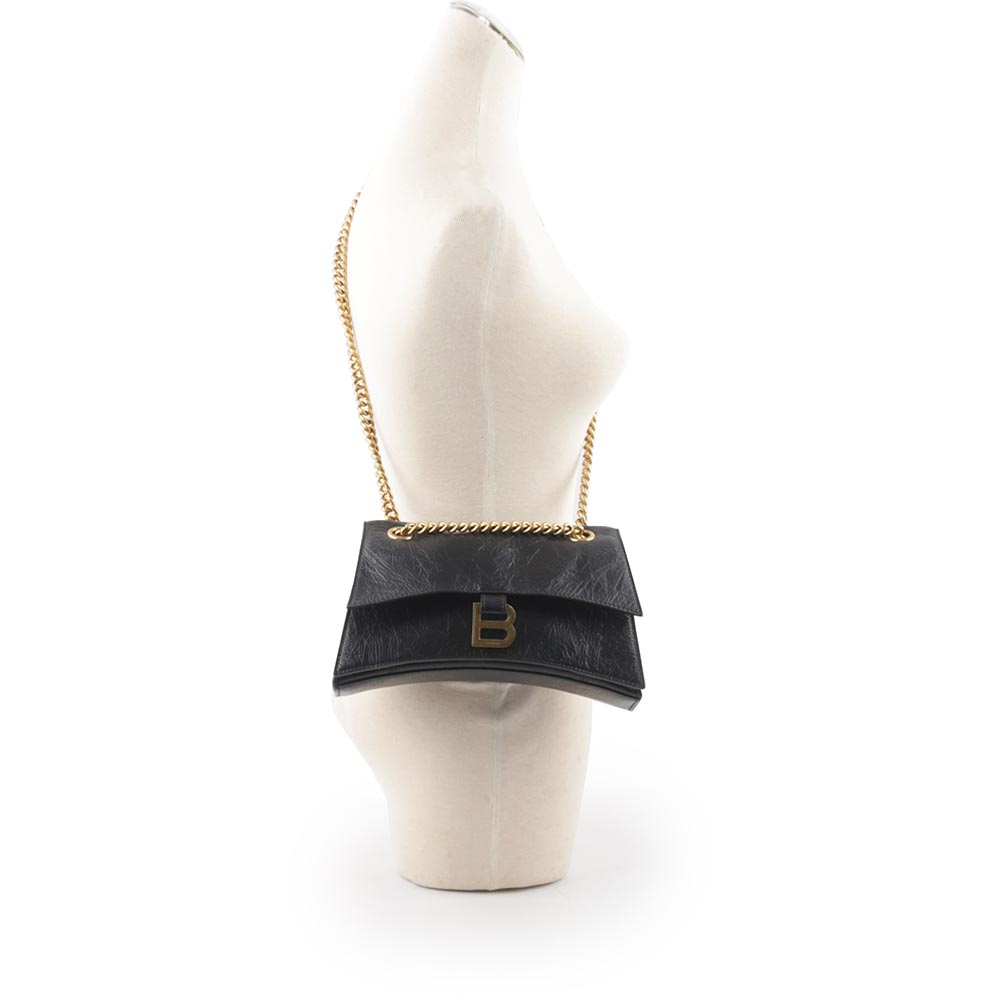BALENCIAGA CRUSH 金釦皺褶小牛皮二用包/黑色, , large