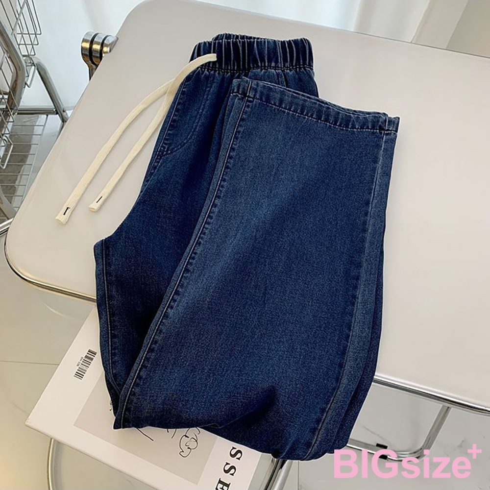 大尺碼-鬆緊褲頭 高腰 寬腿 牛仔褲-32深藍-0103091, , large