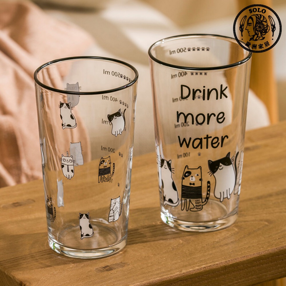 【SOLO Vintage】LCW Home 570ml Drink More Water Cute Cat Glass Cup Set Made in Turkey, , large
