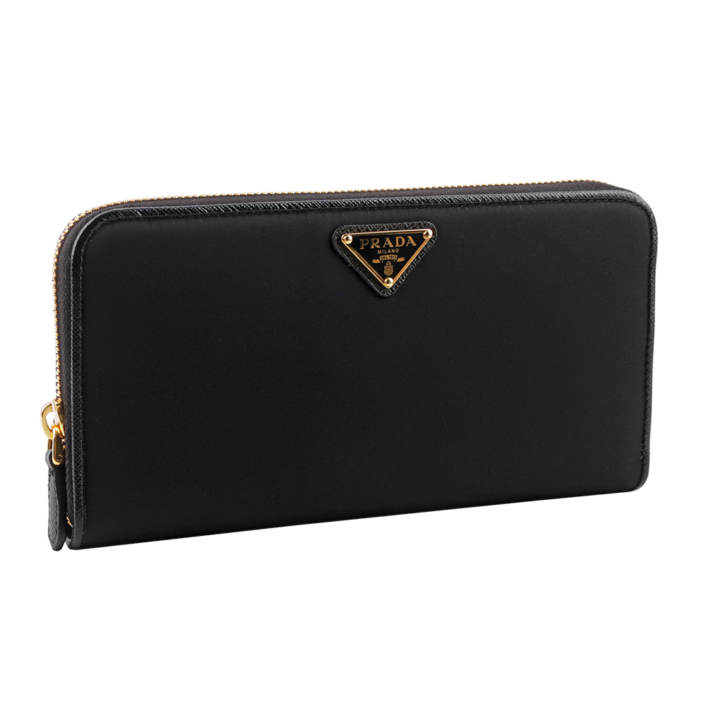 PRADA 金色三角牌Logo 尼龍ㄇ型拉鏈長夾/黑色, , large