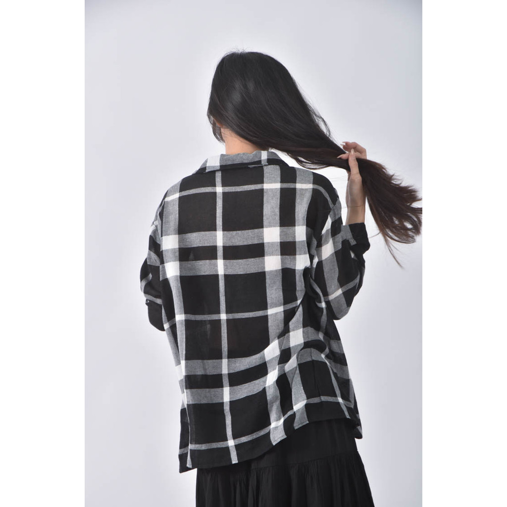 (L) meier q棉質格紋黑色長袖上衣二手衣, , large