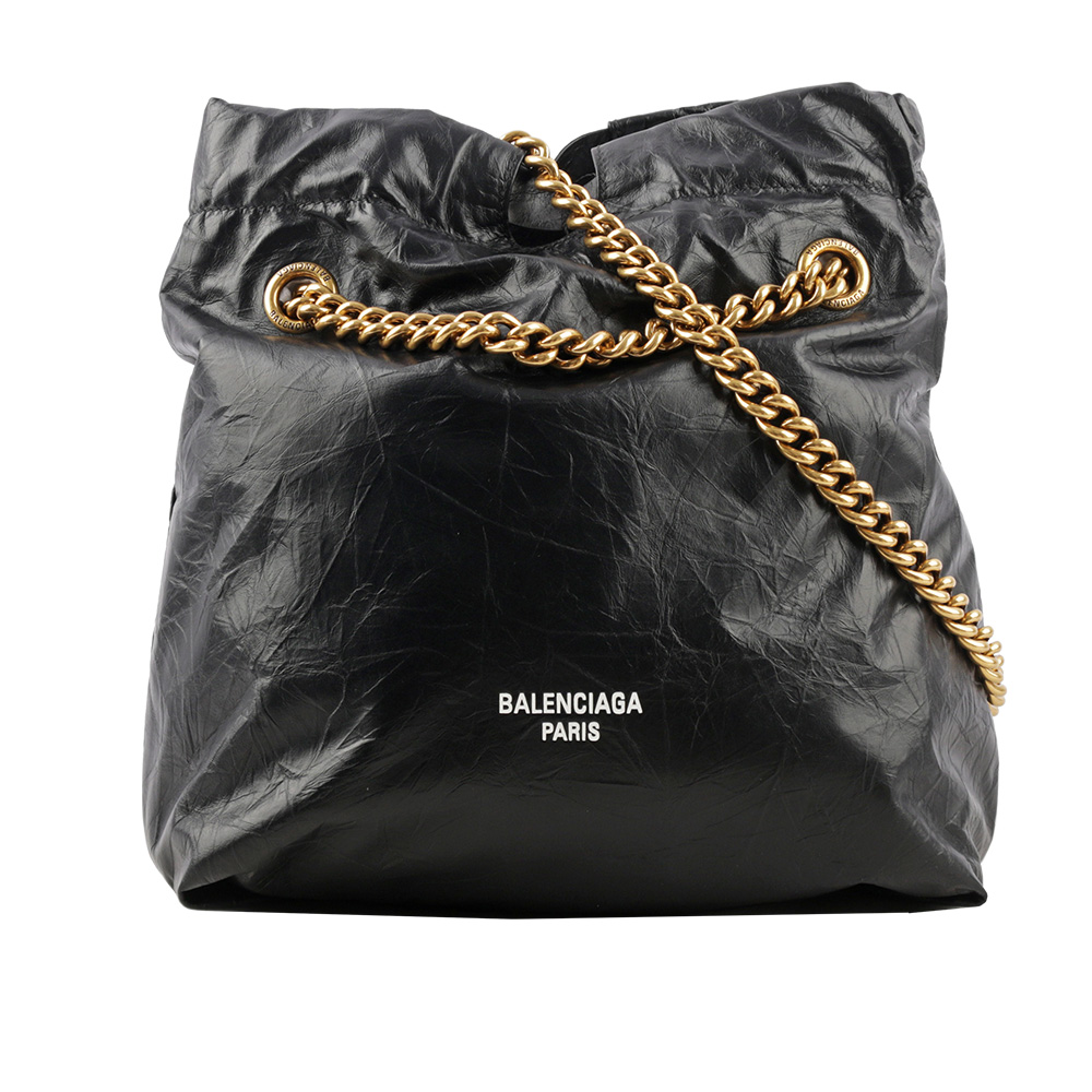 BALENCIAGA CRUSH 金鍊小牛皮小款肩背/斜背托特包/黑色, , large