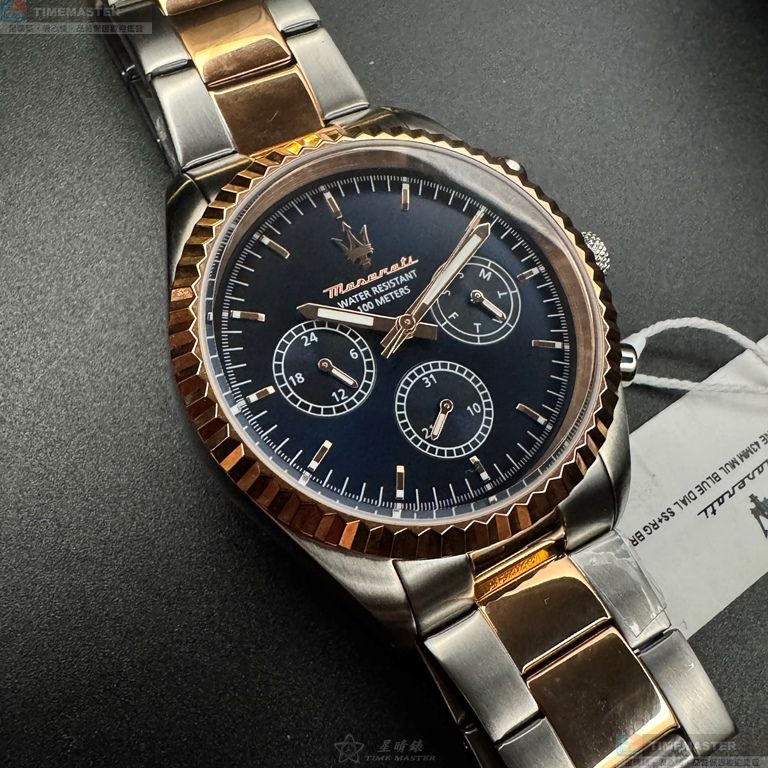 [星晴錶業]MASERATI手錶,42mm,R8853100040寶藍色錶面玫瑰金錶殼金銀相間精鋼錶帶款, , large