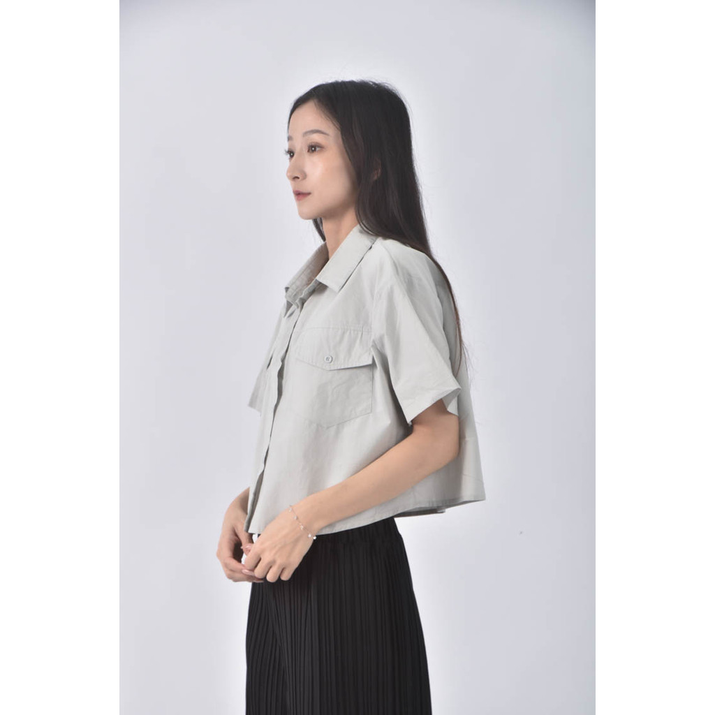 (F) 【粿粿私服】lin修身短版灰綠色短袖上衣二手衣, , large