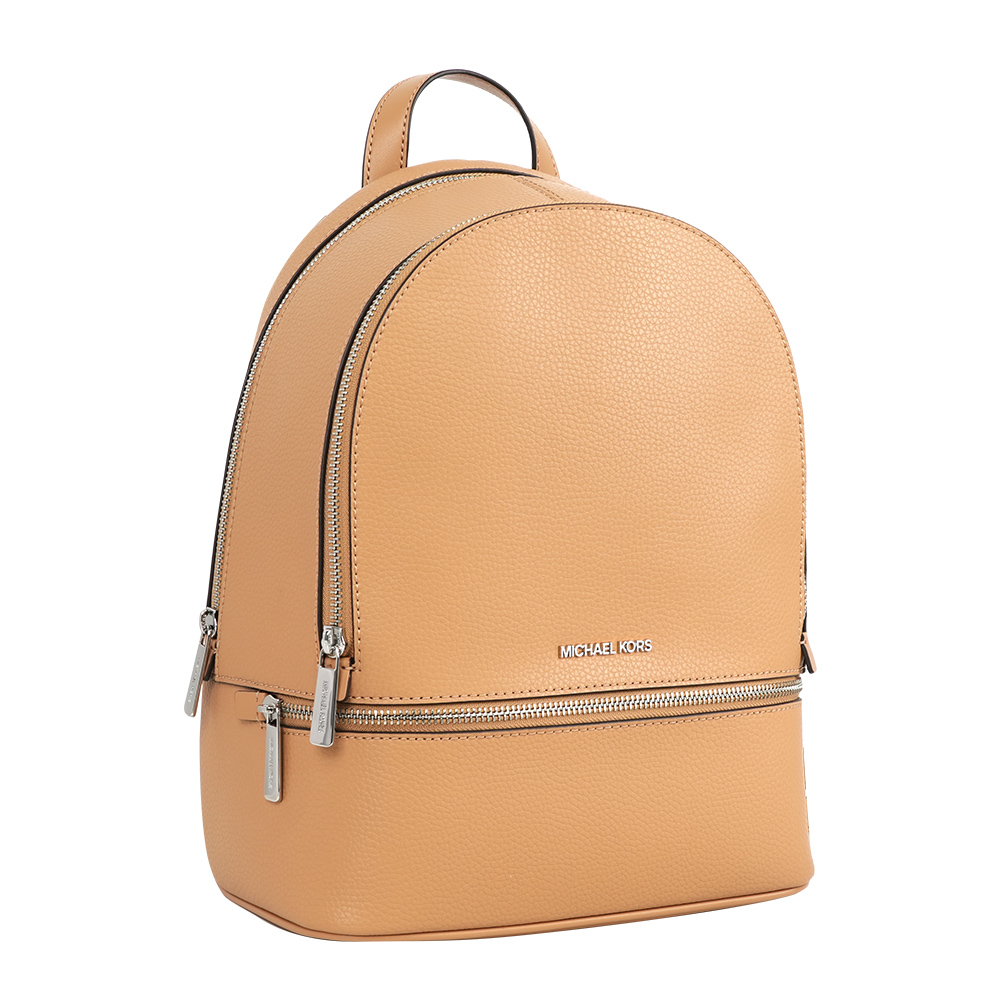 Michael Kors Rhea 銀字粒紋皮革拉鍊中款後背包(花生棕), , large