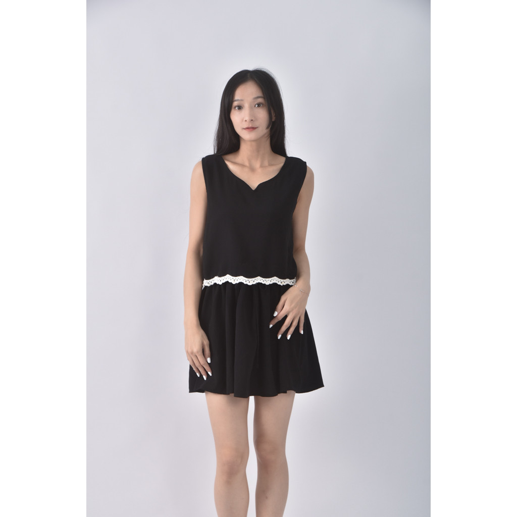 (S) 棉質假兩件黑色洋裝二手衣