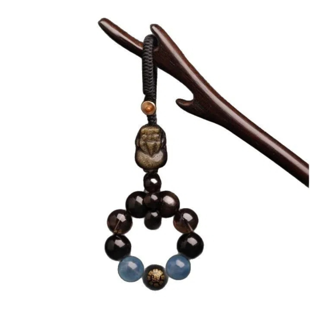 【A&R】招財開運 海藍寶黑曜石五行補水貔貅鑰匙扣掛飾, , large