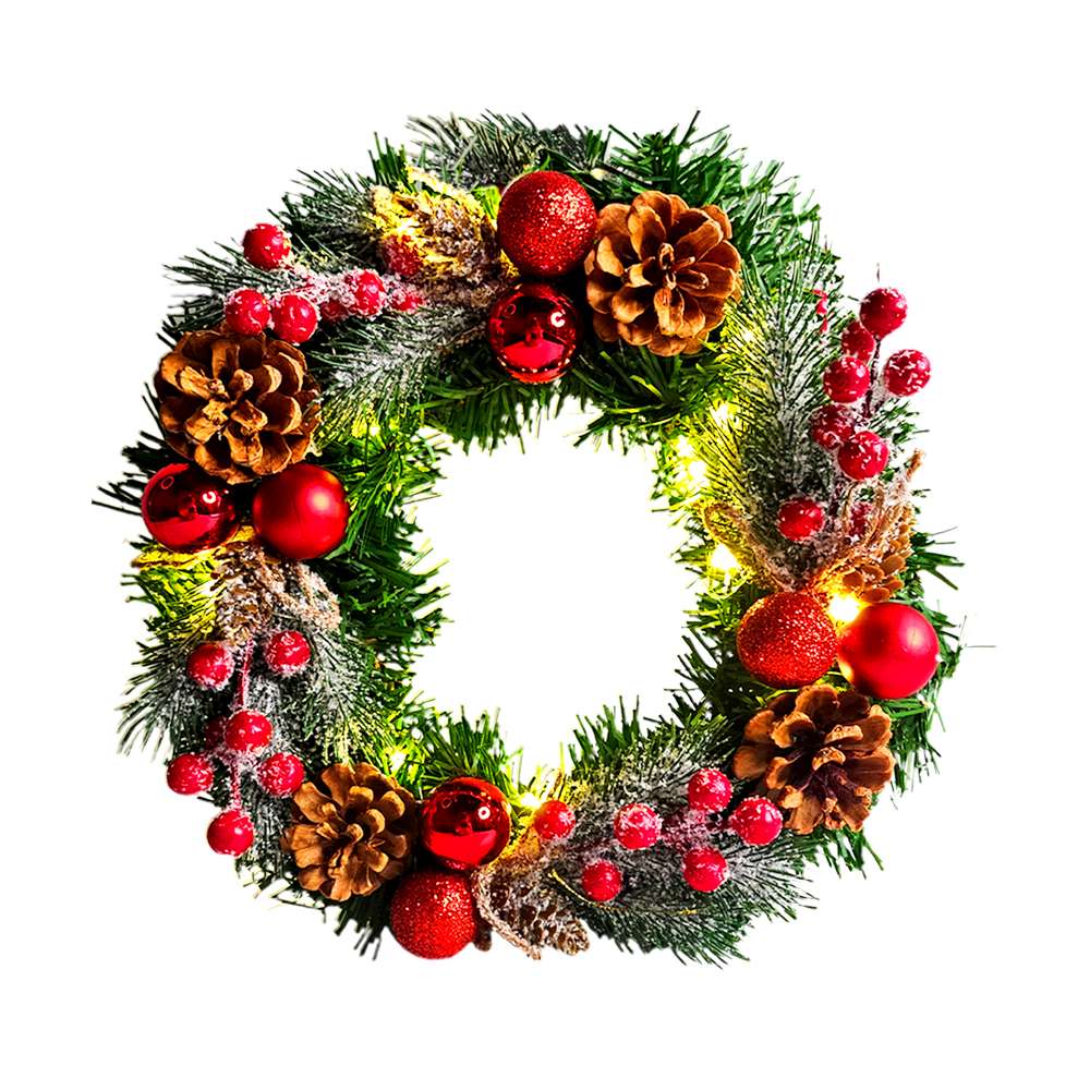 摩達客10吋冬雪系小紅莓刷白松果質感聖誕花圈福臨圈+20燈LED暖白光燈串_本島免運費, , large