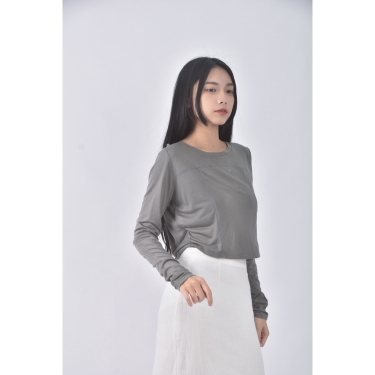 (S) wear to eat修身短版灰色長袖上衣二手衣, , large