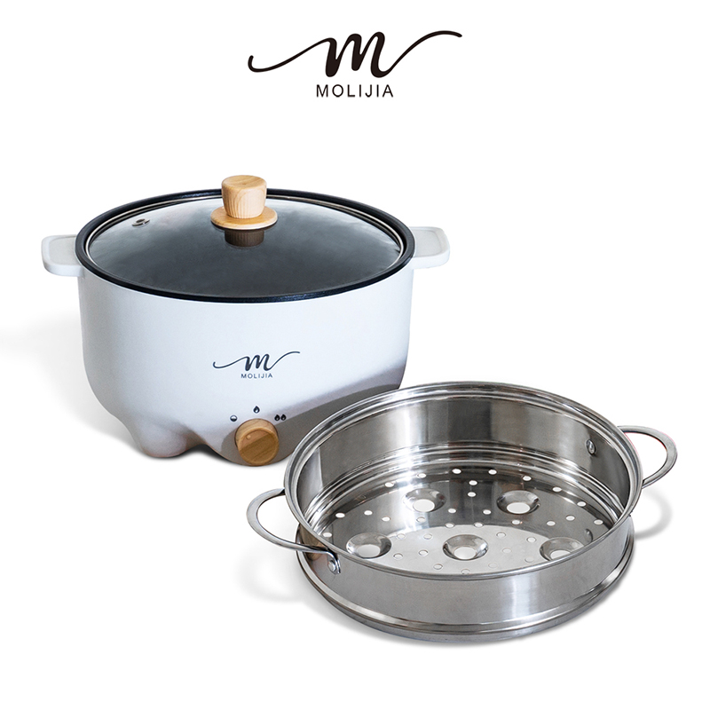 【 MOLIJIA 魔力家】3L-M22 多功能美食料理不沾快煮電火鍋+M2209不鏽鋼蒸籠-白木紋, , large