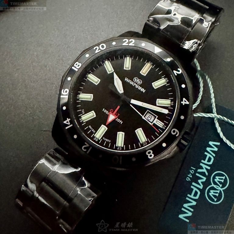 [星晴錶業]WAKMANN手錶,46mm,WA00046黑色錶面黑錶殼深黑色精鋼錶帶款, , large