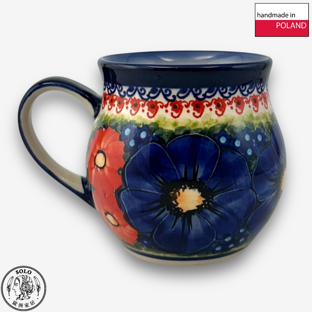 【SOLO Vintage】Cerraf Polish Pottery 350ml Mug Red and Blue Blossoming Elegance Series Made in Poland, , large