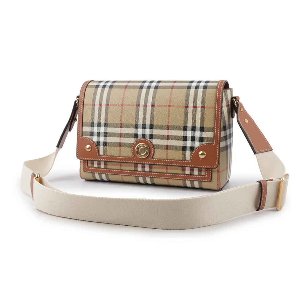 BURBERRY Note Vintage 格紋拼皮革翻蓋斜背包/ 石楠木棕色, , large