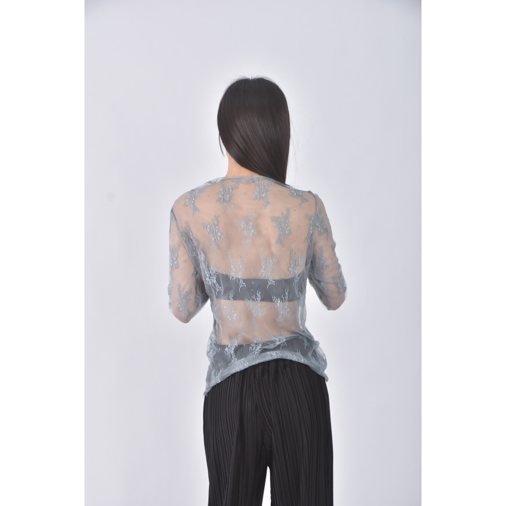 (S) vee miny質感蕾絲藍色長袖上衣二手衣, , large