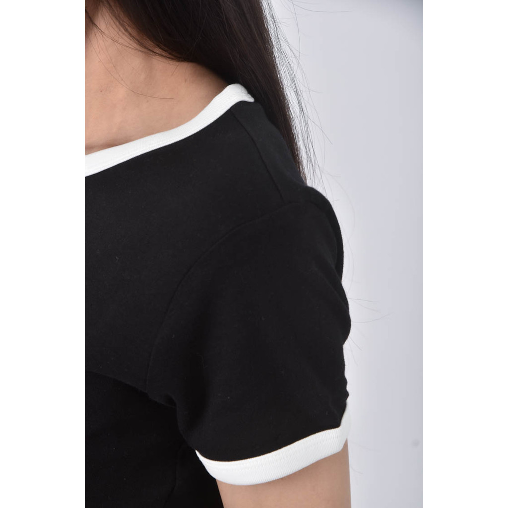(S) 【粿粿私服】gu修身短版棉質撞色黑色短袖上衣二手衣, , large