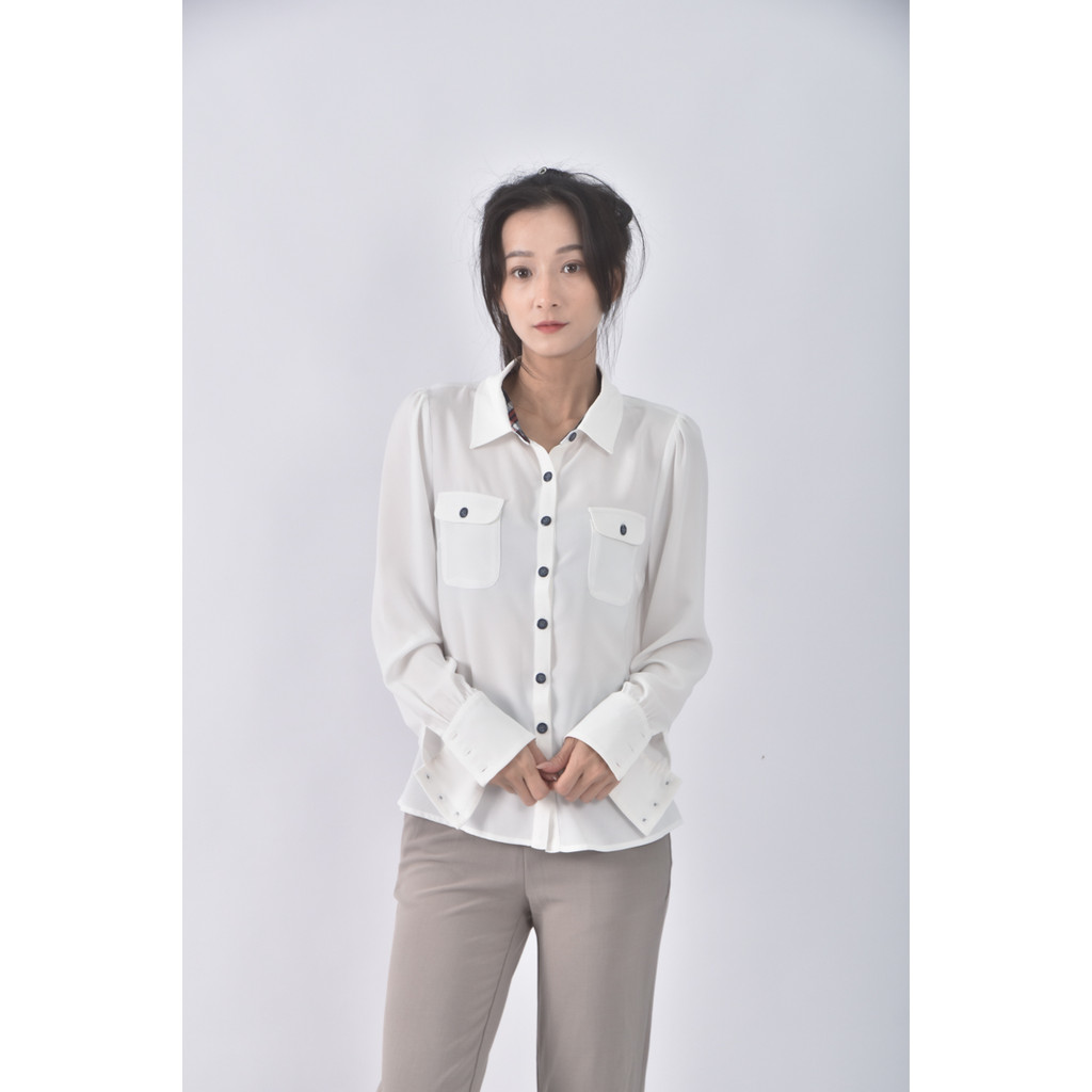 (M) kinloch anderson質感格紋白色長袖上衣二手衣