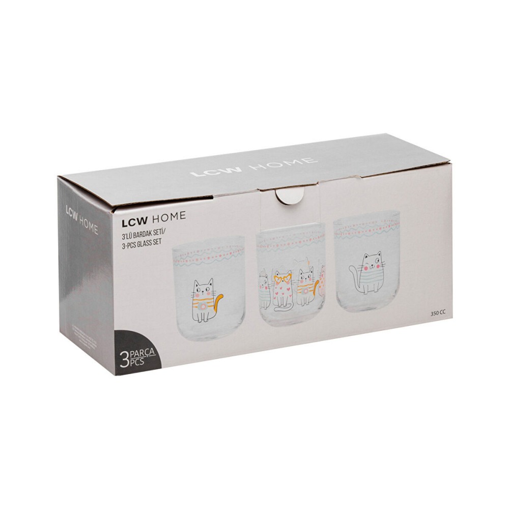 【SOLO歐洲家居】LCW Home 土耳其製 350ml 貓咪插畫風可愛玻璃杯三件組 水杯 果汁杯 三入組, , large