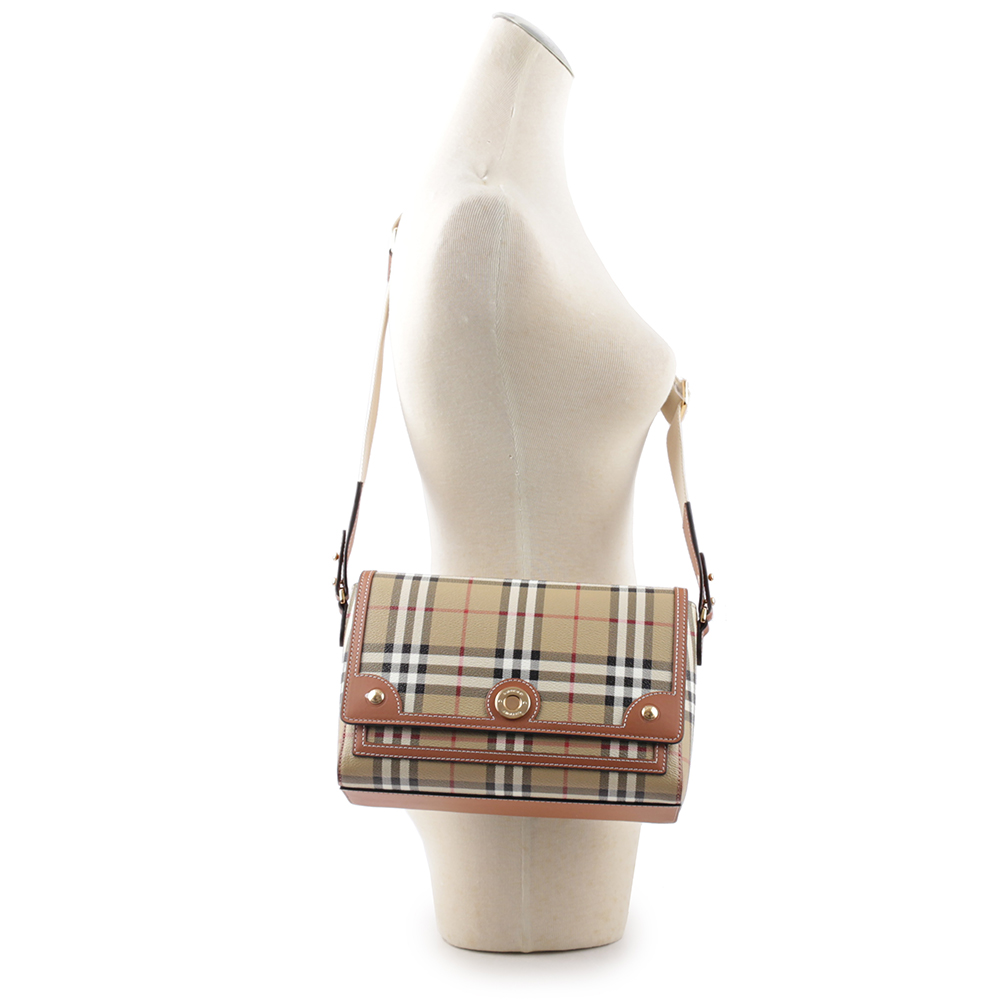BURBERRY Note Vintage 格紋拼皮革翻蓋斜背包/ 石楠木棕色, , large