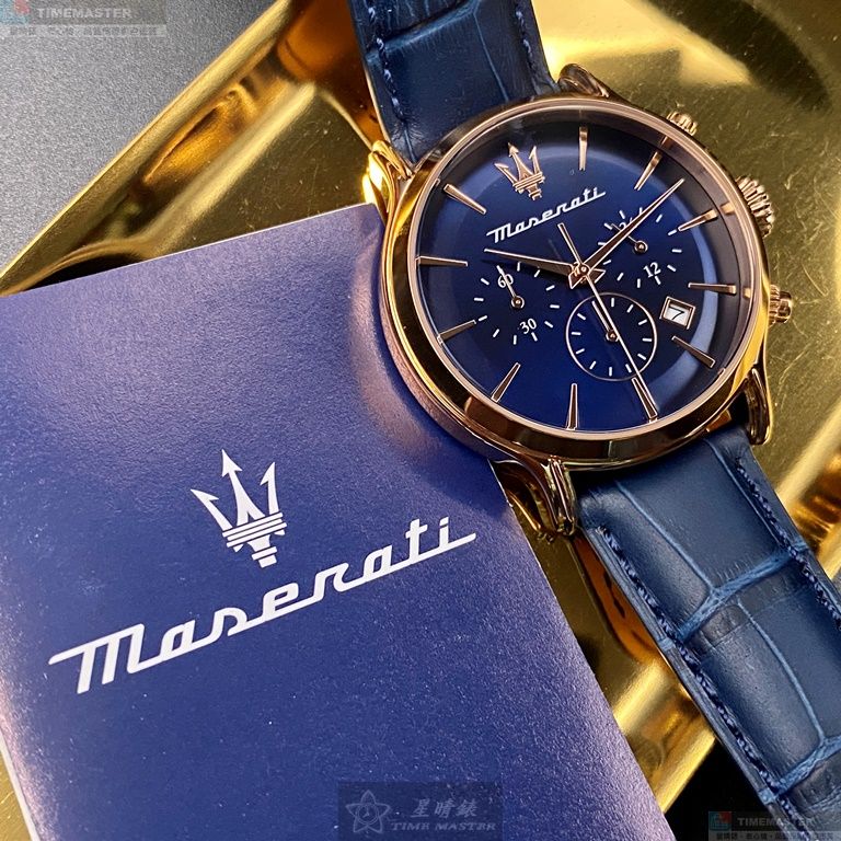 [星晴錶業]MASERATI手錶,42mm,R8871618013寶藍色錶面玫瑰金錶殼寶藍真皮皮革錶帶款, , large