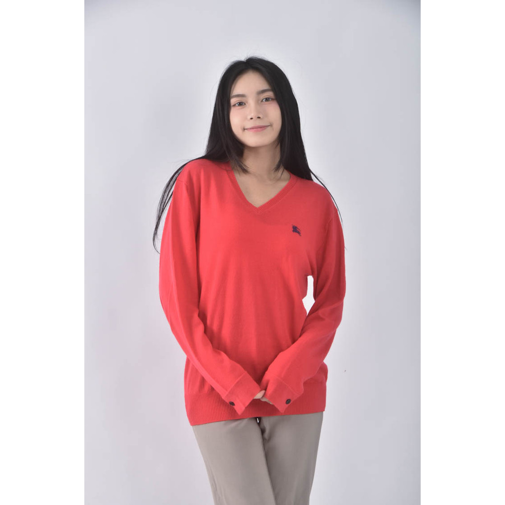 (L) burberryv領紅色長袖上衣二手衣, , large