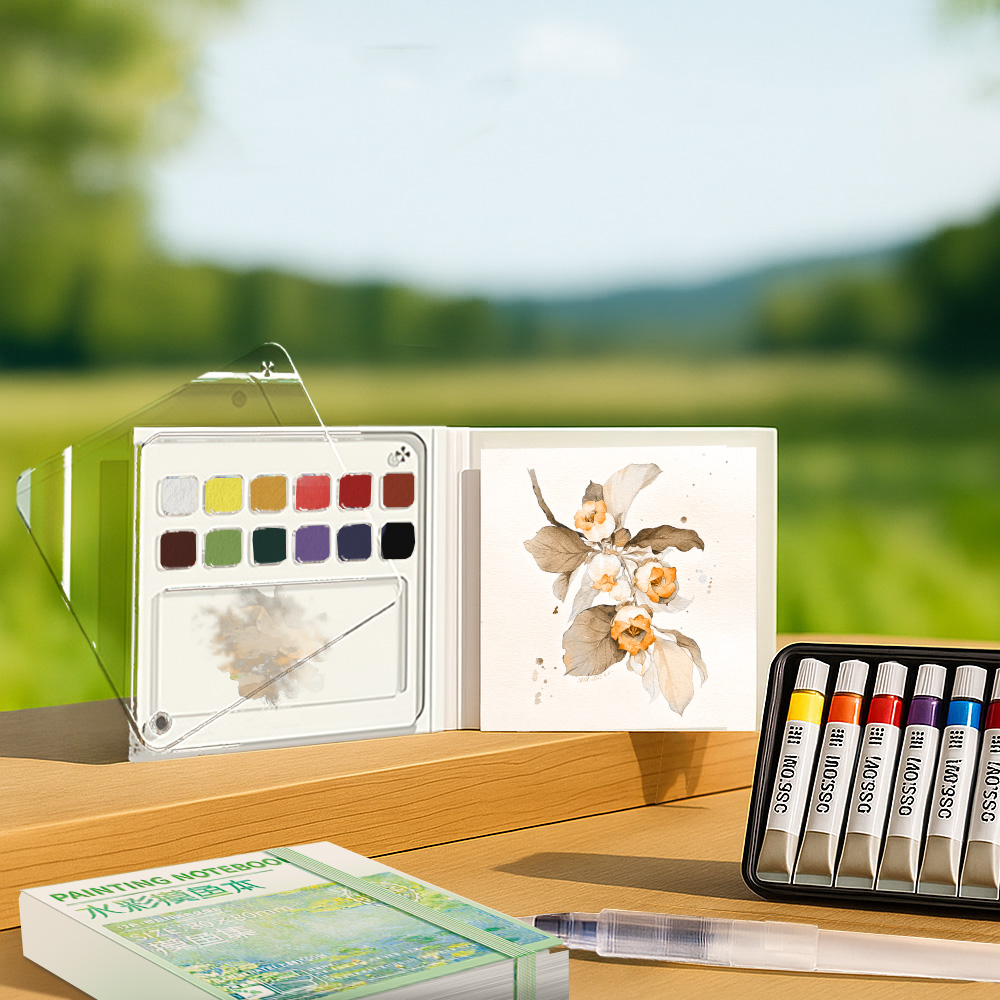 【上手家居】隨行水彩畫畫本套組-畫本+筆+12色顏料(水彩畫本/繪畫本/繪畫工具/水彩本), , large